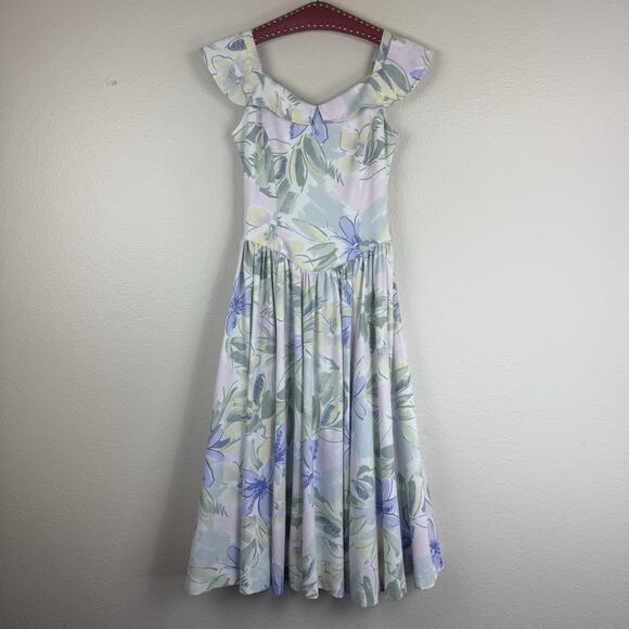 Vintage Cottagecore Pastel Floral Watercolor Collared Basque Waist Midi Dress S